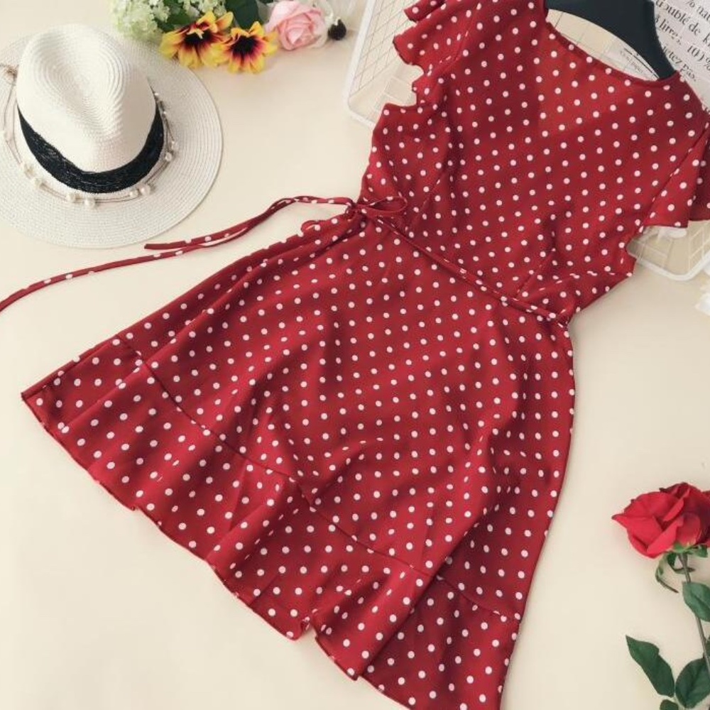 Polka Dot Ruffle Trim Wrap Burgundy Mini Dress - Picture 12 of 16